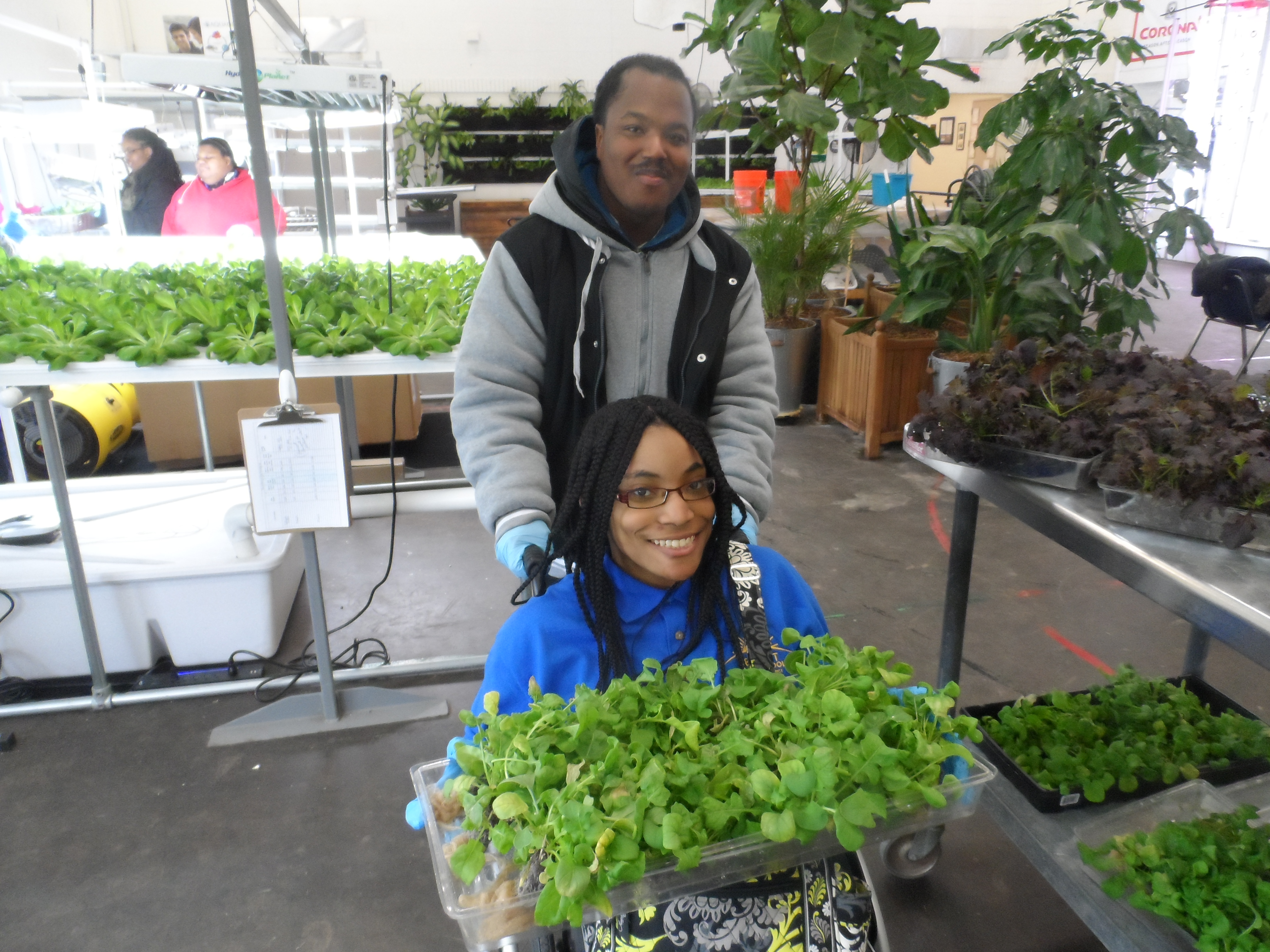 Man pushing woman on wheelchair through an indoor garden