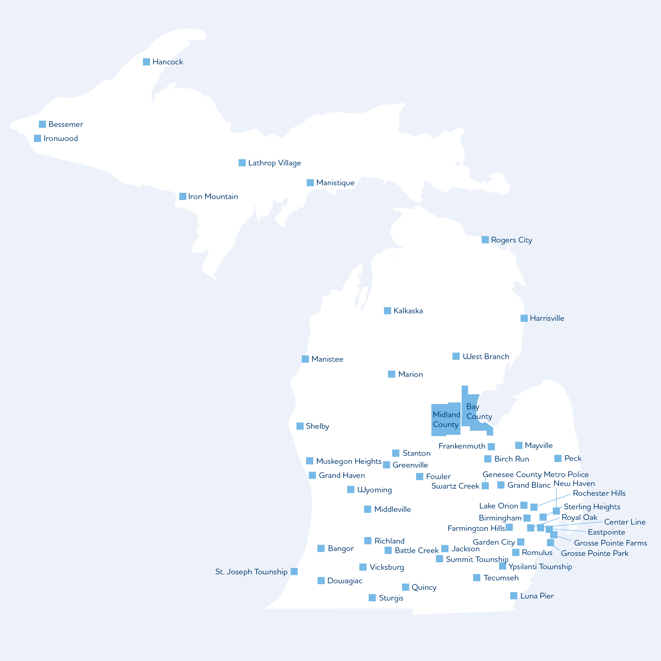 Map of Michigan highlighting the communities that utilized the ServeMICity program.